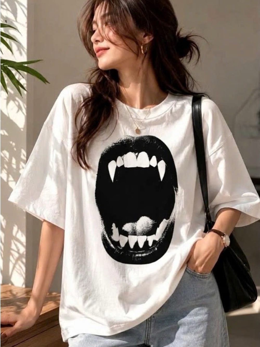 White T-shirt with Vampire Fangs Print – Gothic/Horror Style
